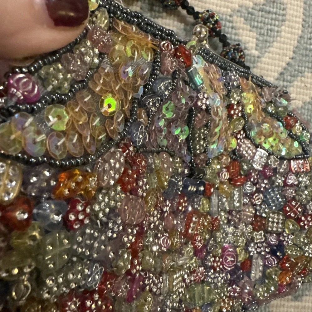 Vintage Colorful Beaded Handbag Black Fabric Satin Lining Multicolored Beads‎